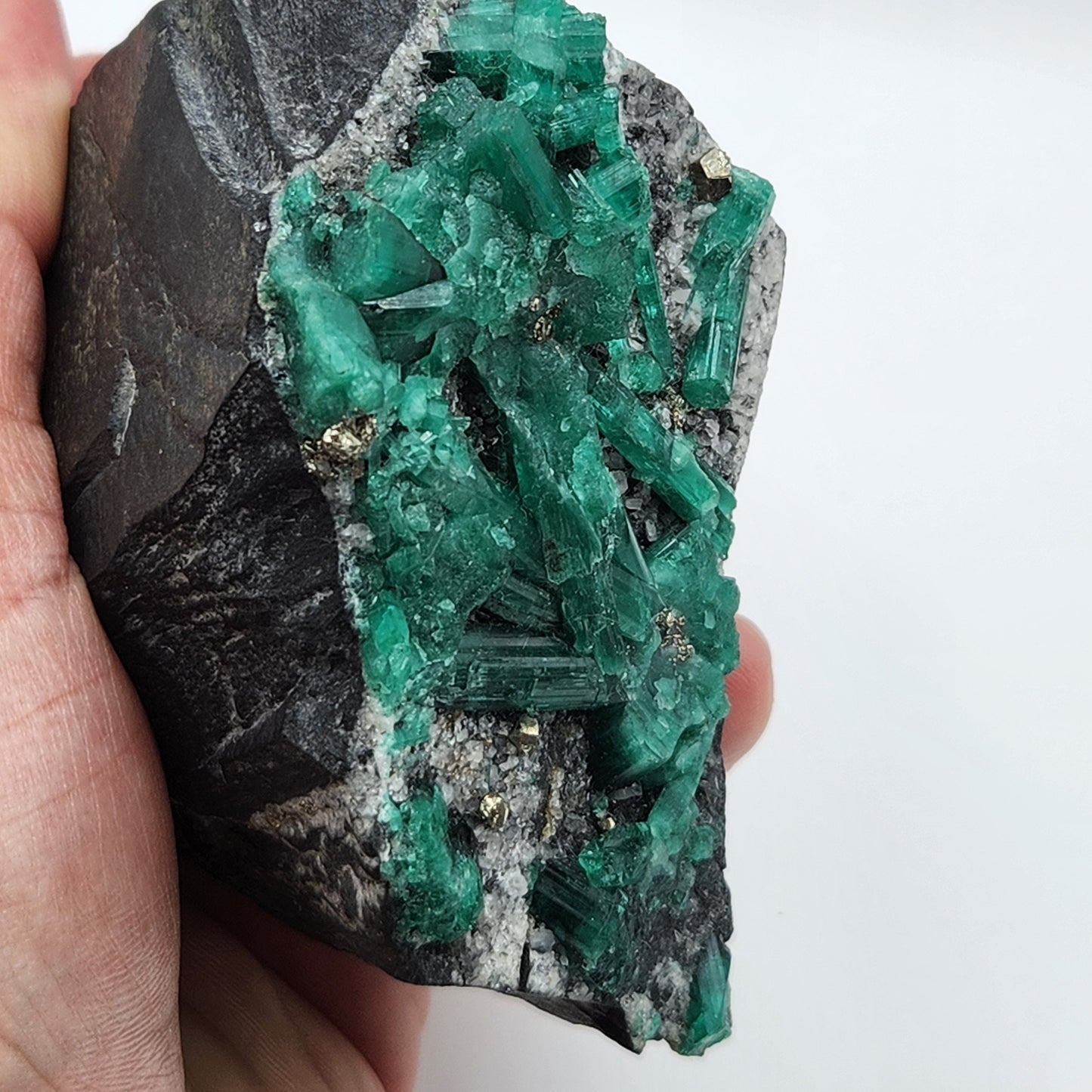 Especimen Esmeraldas Colombianas, Muzo, Cuarzo, Macla, Pirita, Natural, Ganga Esmeralda, Cristales Esmeralda, Colombia