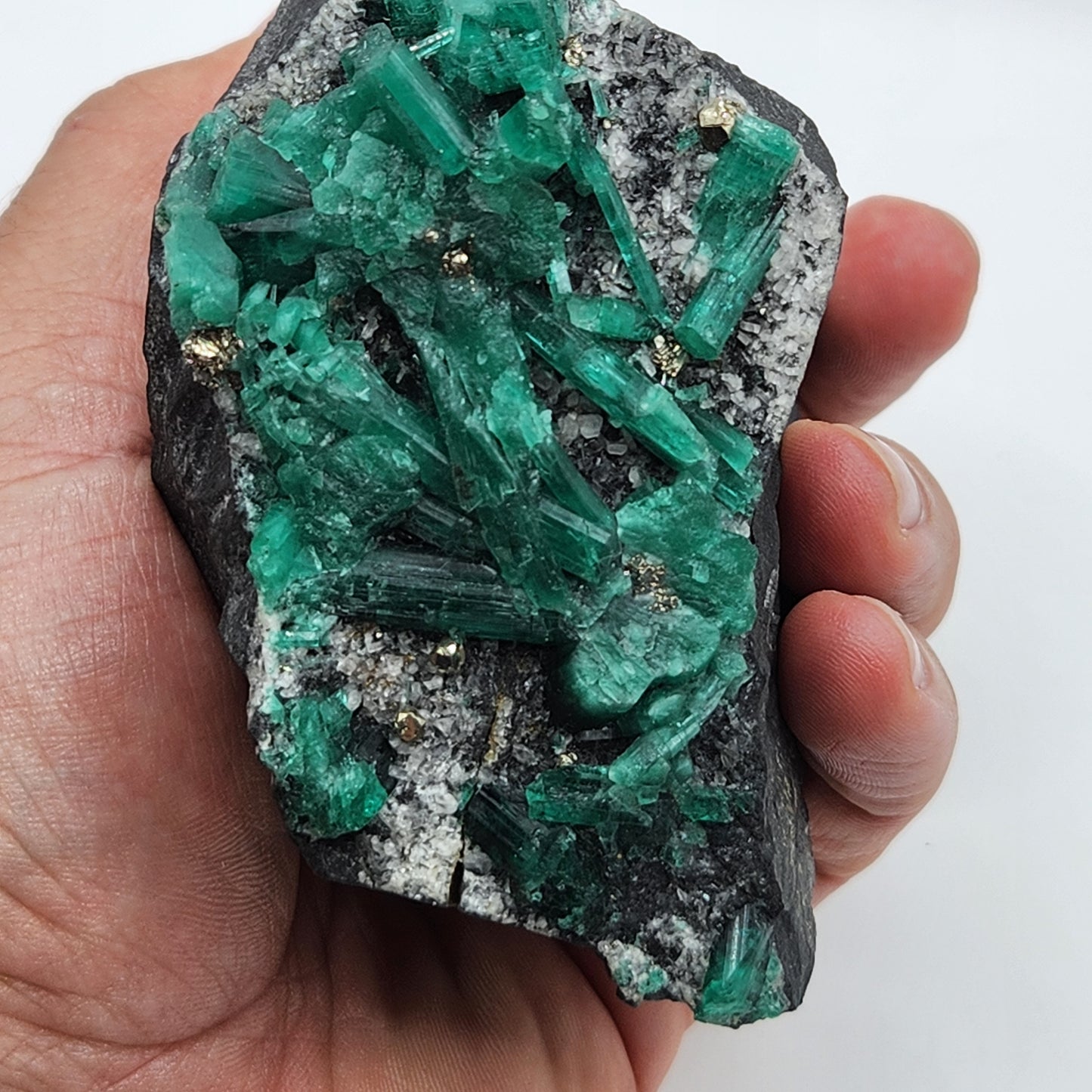 Especimen Esmeraldas Colombianas, Muzo, Cuarzo, Macla, Pirita, Natural, Ganga Esmeralda, Cristales Esmeralda, Colombia