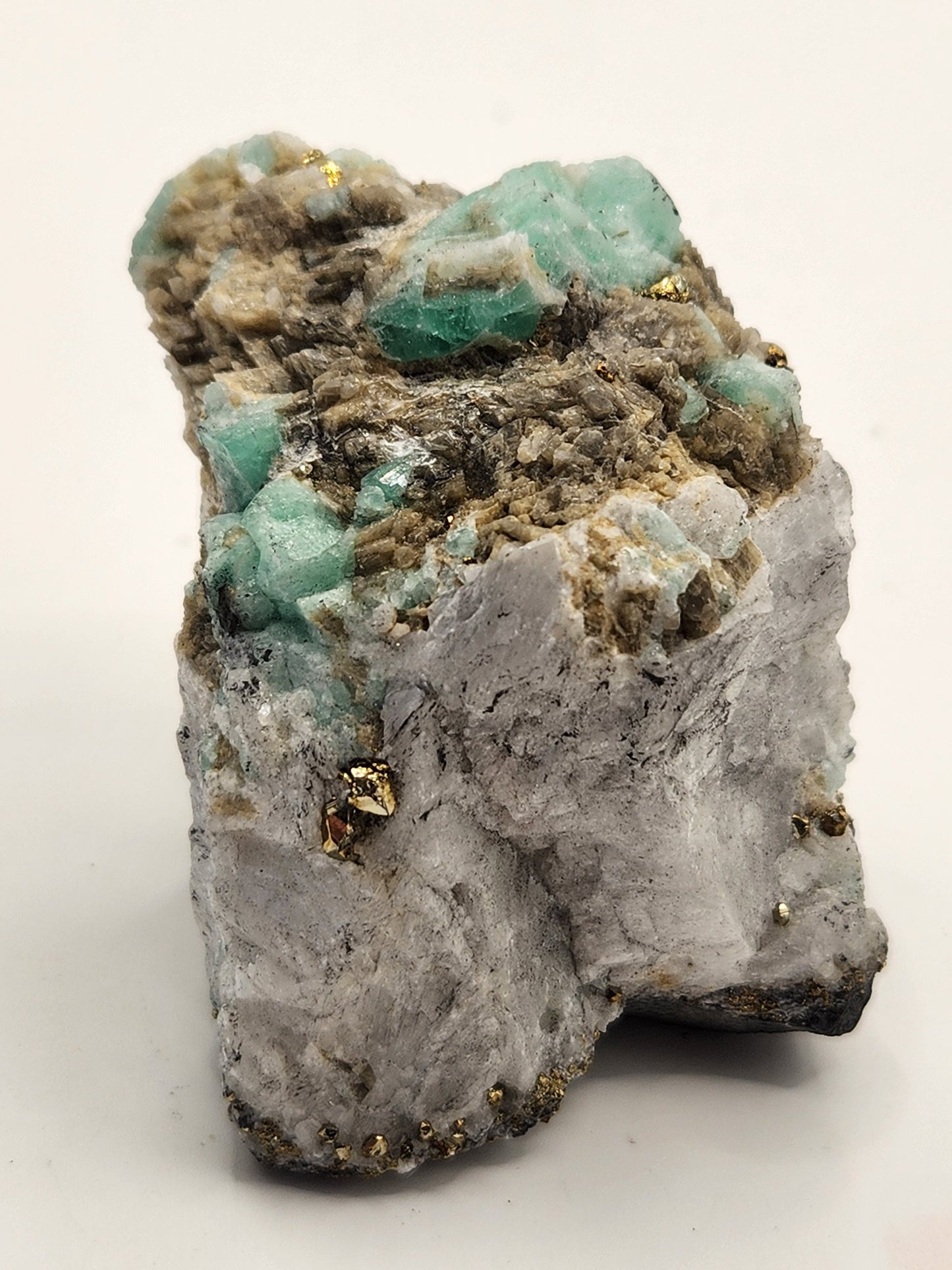 Especimen Esmeraldas Colombianas, Muzo, Cuarzo, Macla, Pirita, Natural, Ganga Esmeralda, Cristales Esmeralda, Colombia