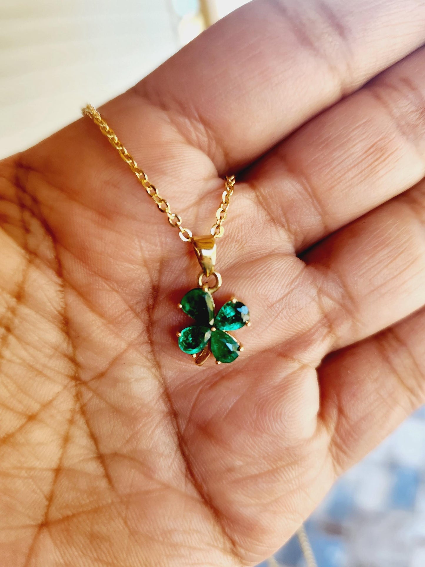 Handcrafted 18k Yellow Gold Clover Pendant Natural Colombian Emeralds, maybirthstone, perfect gift, handmade jewelry * Lucky Charm Jewelry*