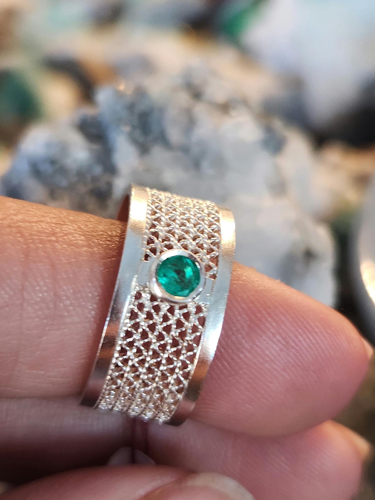 Emerald ring and silver, may birthstone, Colombian Emerald, filigree Colombian jewelry, handmade jewelry, gift for she, silver ring.
