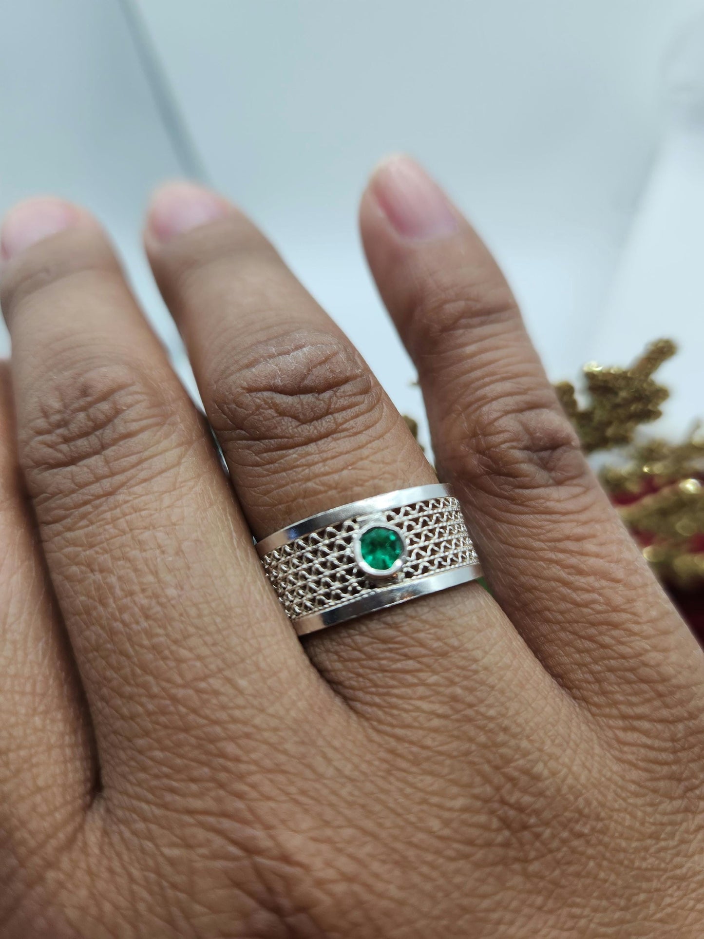 Emerald ring and silver, may birthstone, Colombian Emerald, filigree Colombian jewelry, handmade jewelry, gift for she, silver ring.