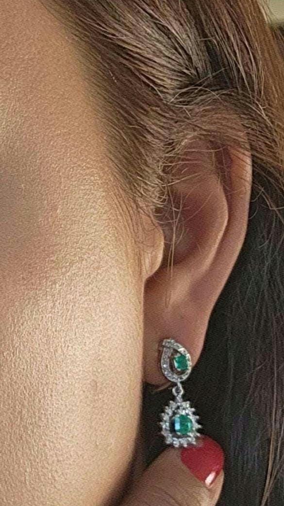 Handmade Colombian Emerald and diamond Earrings in 18 kt white gold, Vivid Green Natural Emerald, May Birthstone Jewelry, real diamonds