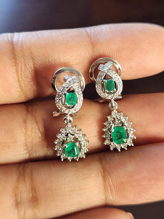 Handmade Colombian Emerald and diamond Earrings in 18 kt white gold, Vivid Green Natural Emerald, May Birthstone Jewelry, real diamonds