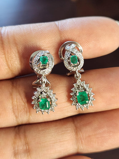 Handmade Colombian Emerald and diamond Earrings in 18 kt white gold, Vivid Green Natural Emerald, May Birthstone Jewelry, real diamonds