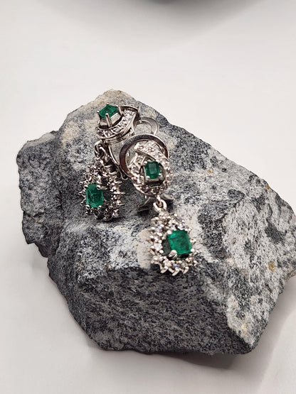 Handmade Colombian Emerald and diamond Earrings in 18 kt white gold, Vivid Green Natural Emerald, May Birthstone Jewelry, real diamonds