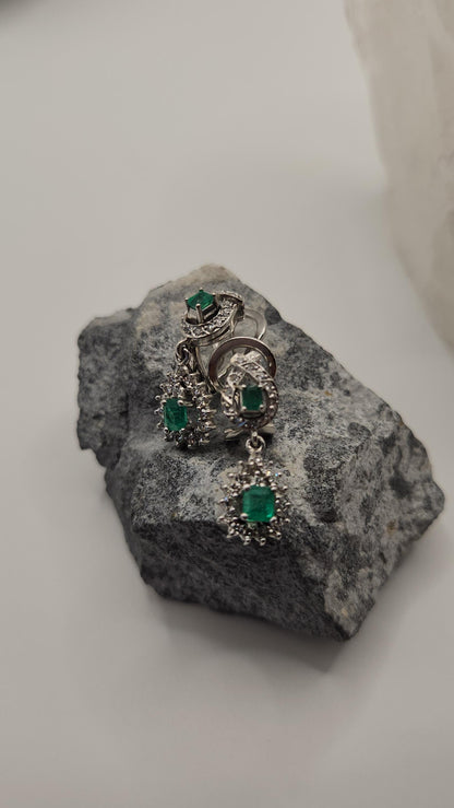 Handmade Colombian Emerald and diamond Earrings in 18 kt white gold, Vivid Green Natural Emerald, May Birthstone Jewelry, real diamonds