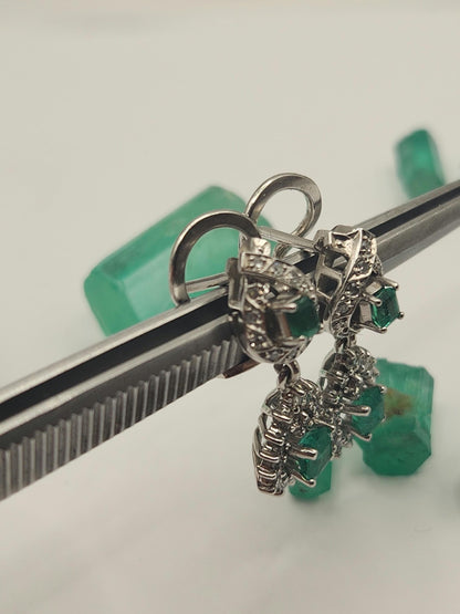 Handmade Colombian Emerald and diamond Earrings in 18 kt white gold, Vivid Green Natural Emerald, May Birthstone Jewelry, real diamonds